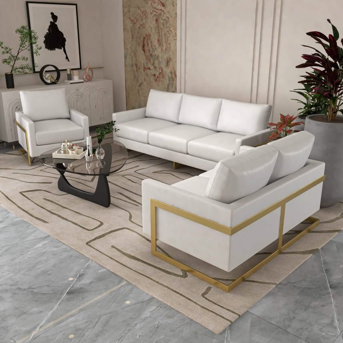 Lincoln 3-Piece Sofa Set Upholstered in Leather/Velvet Accent Chair with Gold Stainless Steel Frame Leather White Sofa Set Leisuremod