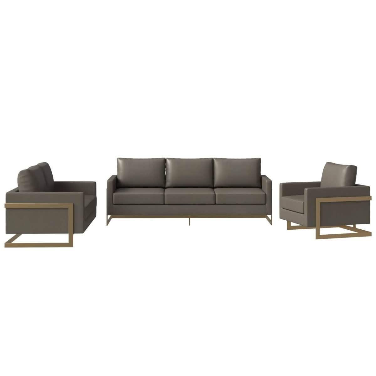 Lincoln 3-Piece Sofa Set Upholstered in Leather/Velvet Accent Chair with Gold Stainless Steel Frame Leather Grey Sofa Set Leisuremod