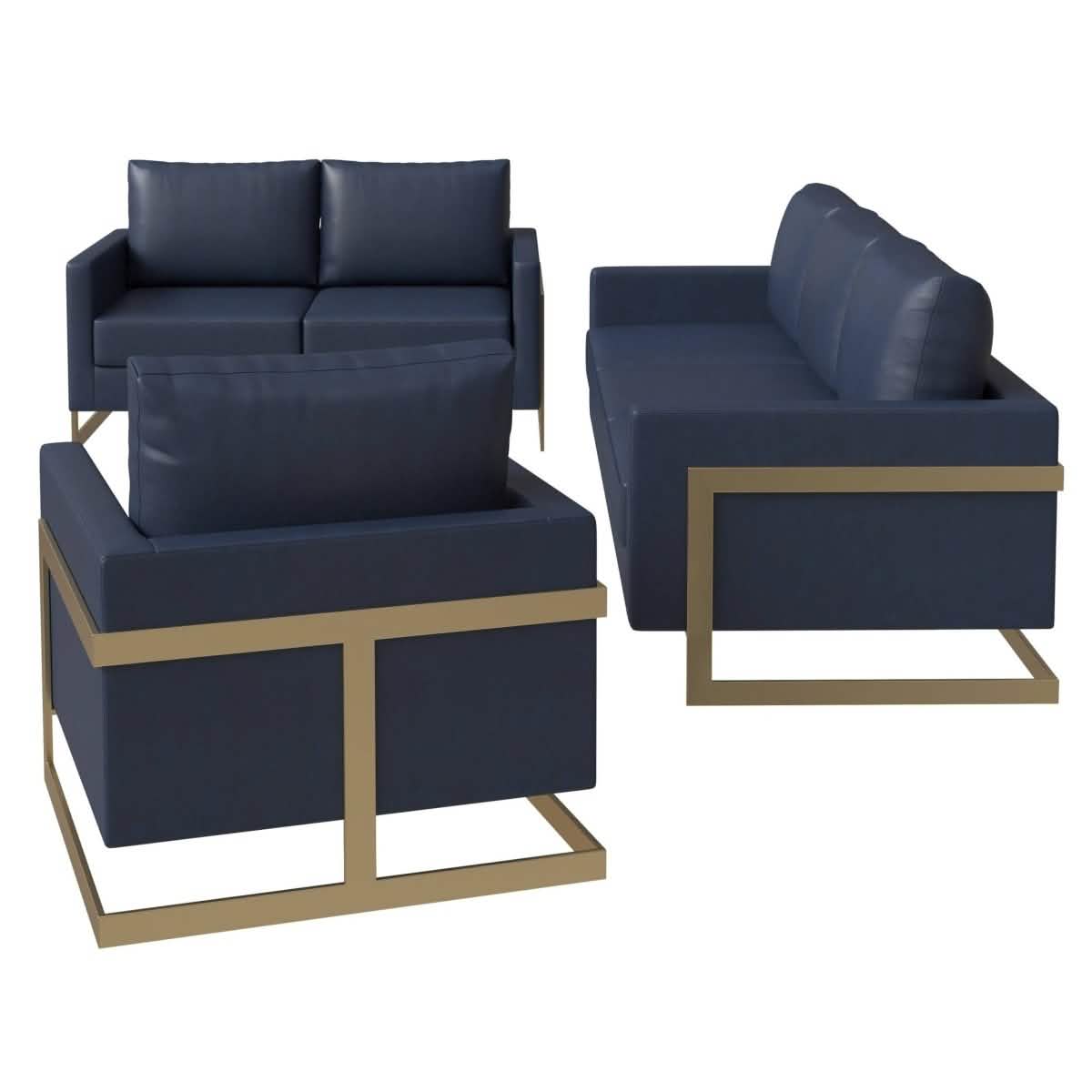 Lincoln 3-Piece Sofa Set Upholstered in Leather/Velvet Accent Chair with Gold Stainless Steel Frame Leather Navy Blue Sofa Set Leisuremod