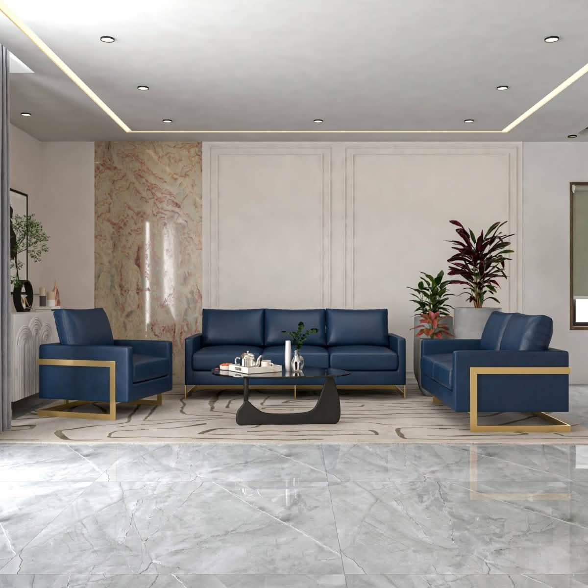 Lincoln 3-Piece Sofa Set Upholstered in Leather/Velvet Accent Chair with Gold Stainless Steel Frame Leather Navy Blue Sofa Set Leisuremod