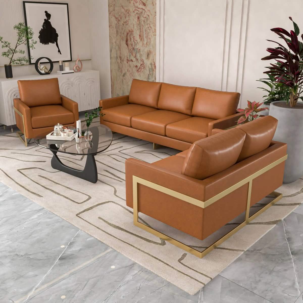 Lincoln 3-Piece Sofa Set Upholstered in Leather/Velvet Accent Chair with Gold Stainless Steel Frame Leather Cognac Tan Sofa Set Leisuremod