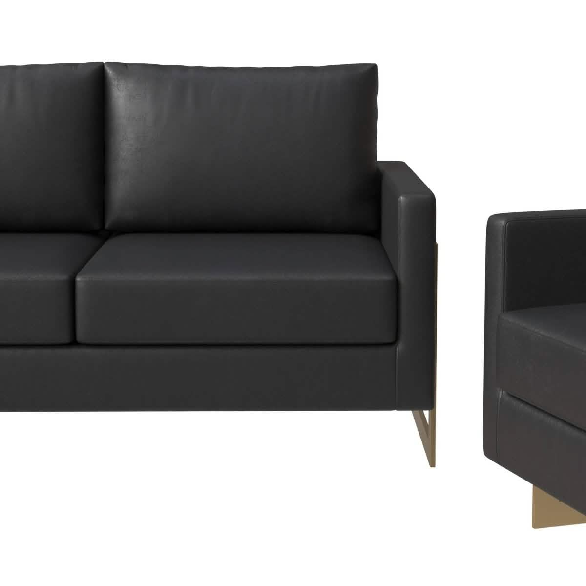 Lincoln 3-Piece Sofa Set Upholstered in Leather/Velvet Accent Chair with Gold Stainless Steel Frame Leather Black Sofa Set Leisuremod