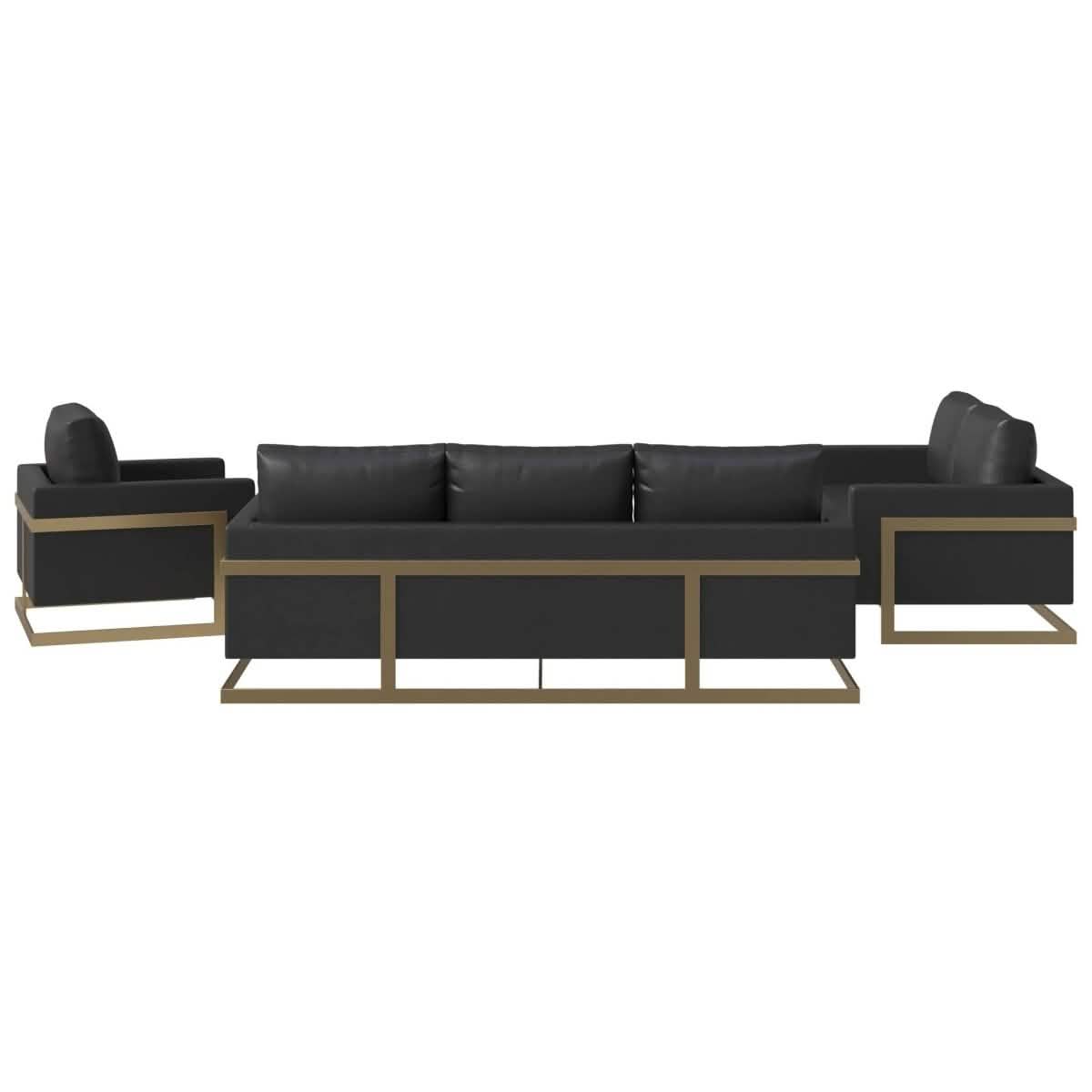 Lincoln 3-Piece Sofa Set Upholstered in Leather/Velvet Accent Chair with Gold Stainless Steel Frame Leather Black Sofa Set Leisuremod