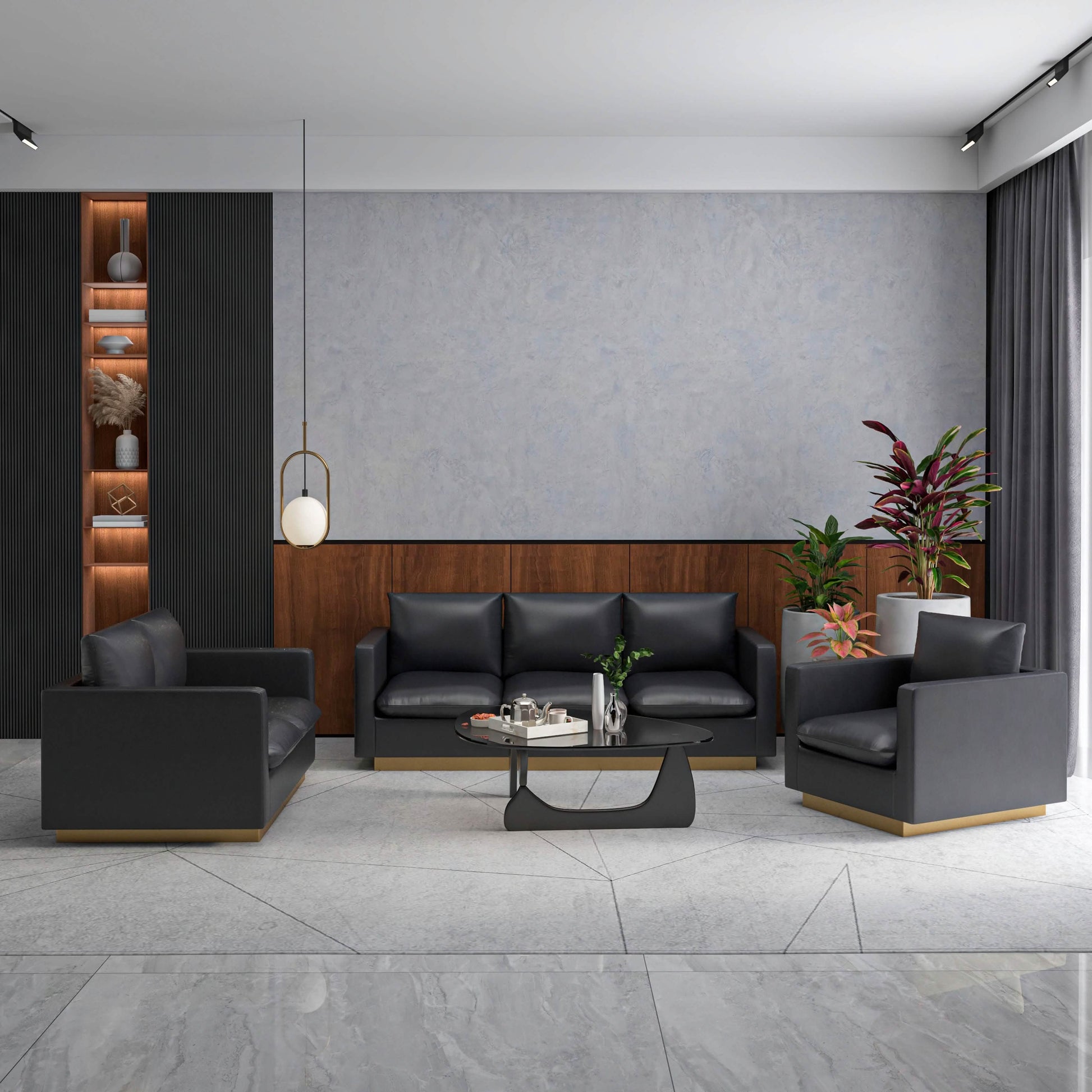 Leisuremod Sofa Set Nervo Velvet/Leather 3-Piece Living Room Sofa Set With Gold Frame and Removable Cushions