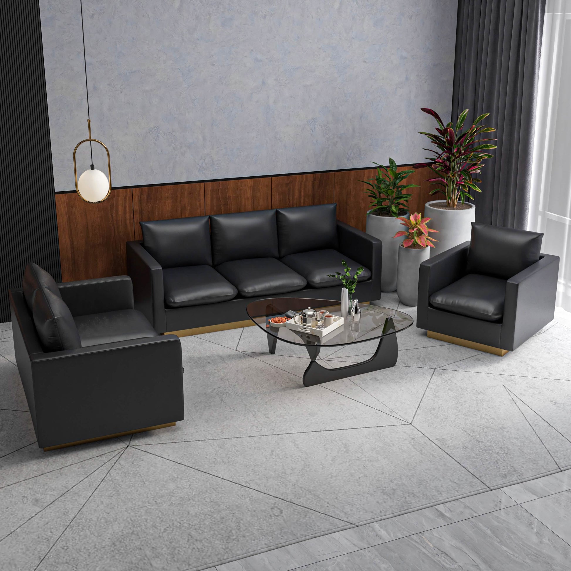 Leisuremod Sofa Set Nervo Velvet/Leather 3-Piece Living Room Sofa Set With Gold Frame and Removable Cushions
