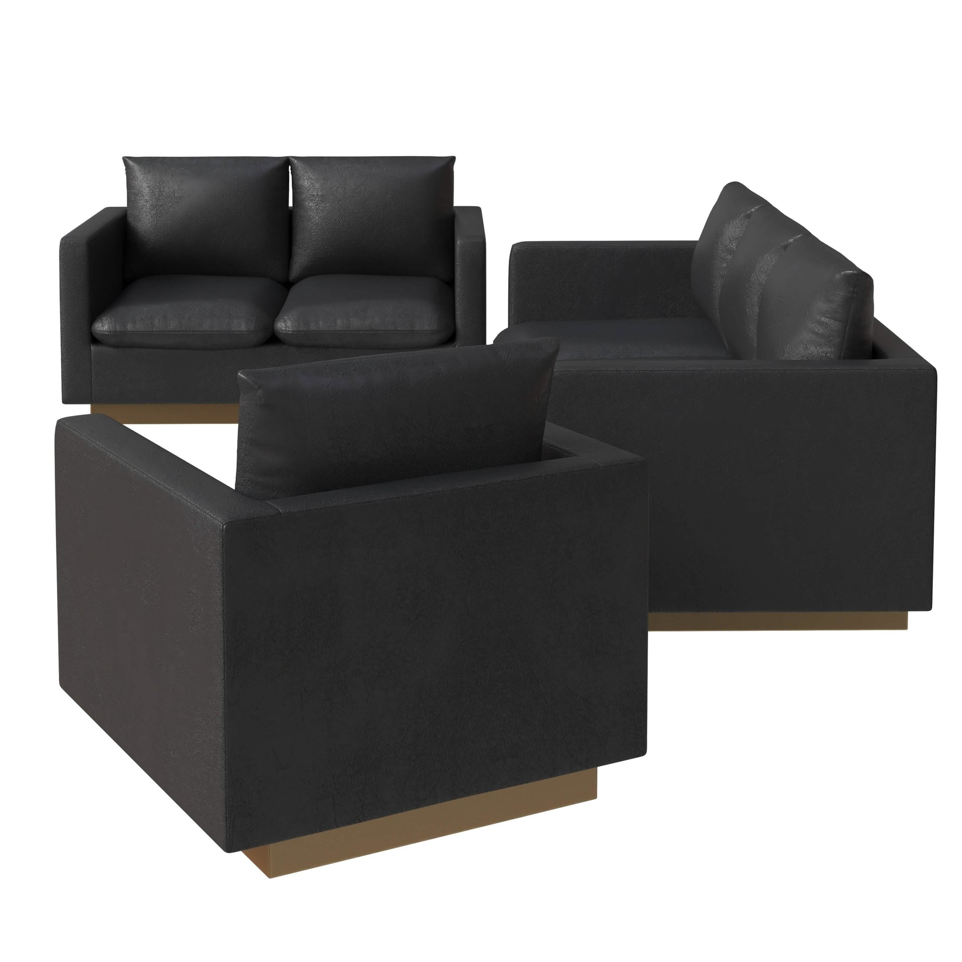 Leisuremod Sofa Set Nervo Velvet/Leather 3-Piece Living Room Sofa Set With Gold Frame and Removable Cushions