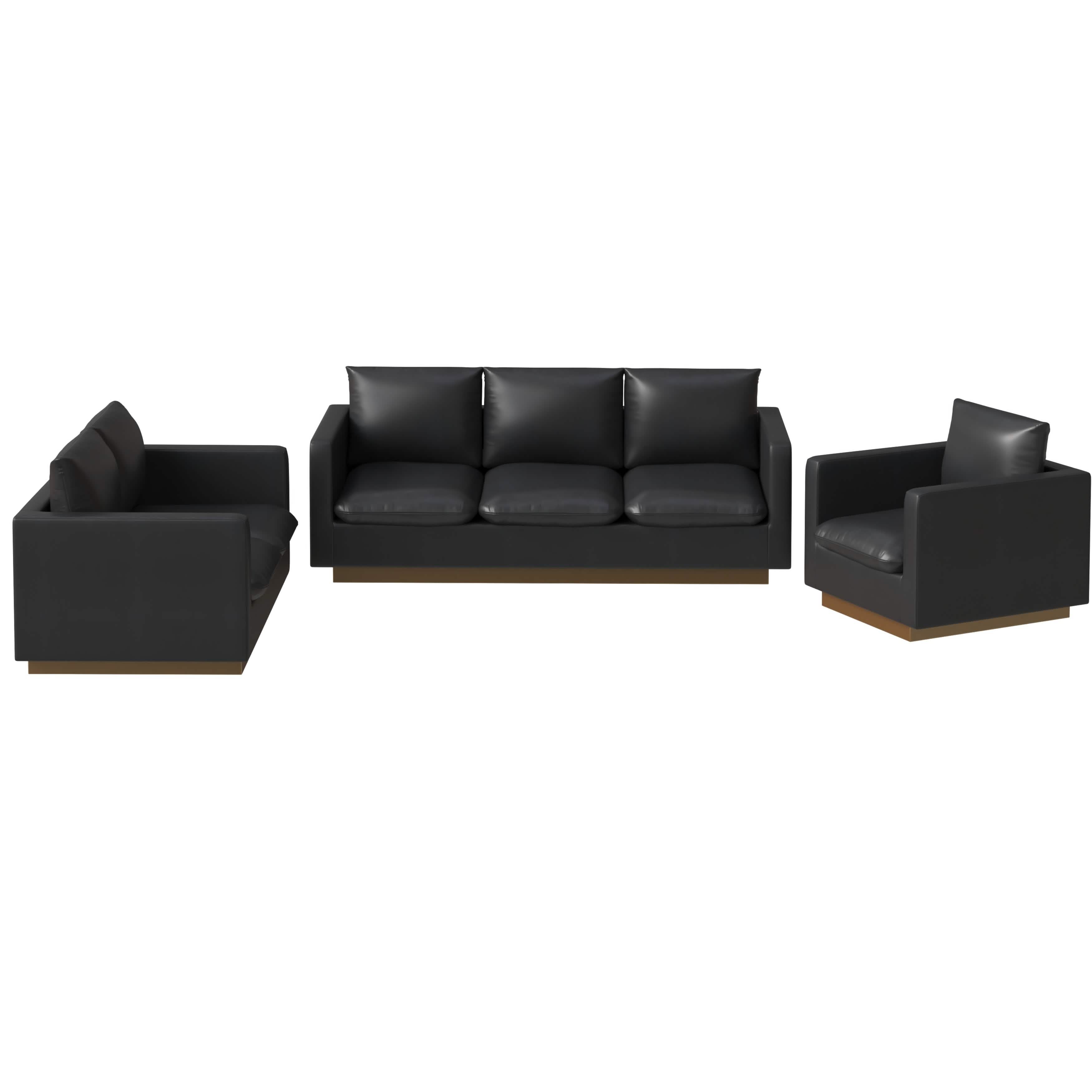 Leisuremod Sofa Set Nervo Velvet/Leather 3-Piece Living Room Sofa Set With Gold Frame and Removable Cushions