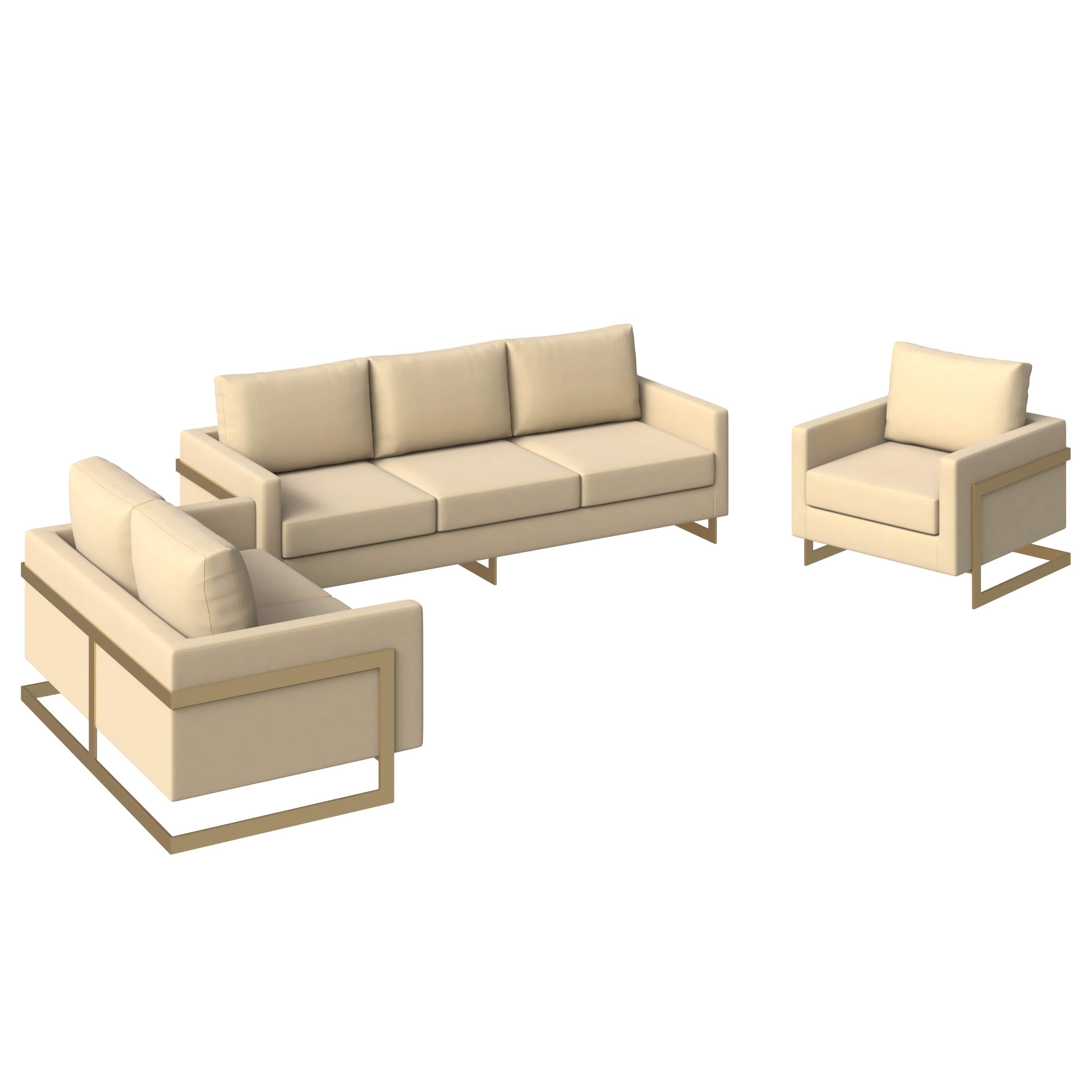Leisuremod Sofa Set Velvet / Beige Lincoln 3-Piece Sofa Set Upholstered in Leather/Velvet Accent Chair with Gold Stainless Steel Frame