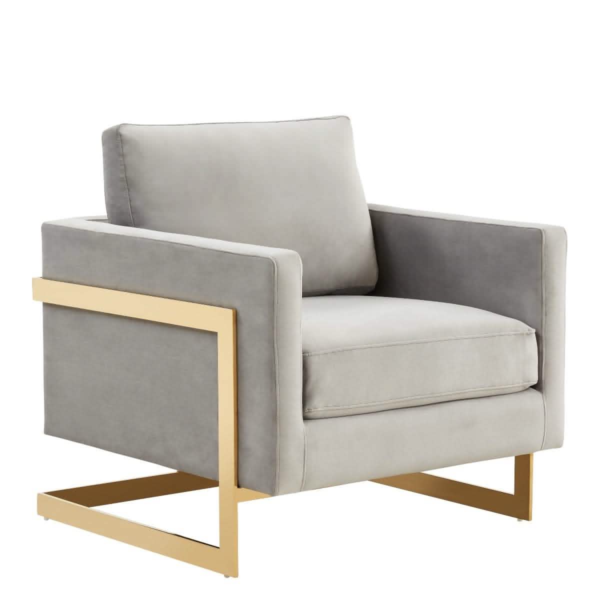 Leisuremod Sofa Velvet / Gold / Light Grey Lincoln Modern Upholstered in Fabric Accent Armchair With Gold/Black/White Metal Frame