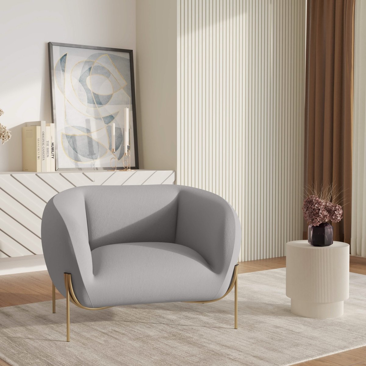 Zuno Upholstered Single Seater Sofa in Velvet with Gold Iron Legs Light Grey Sofa Leisuremod