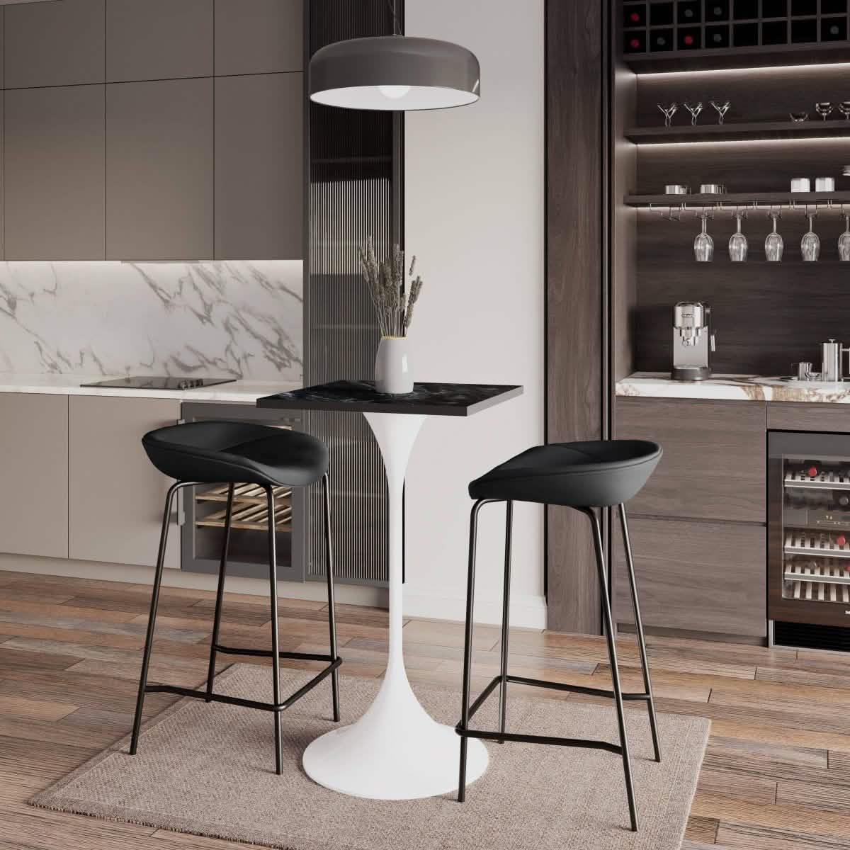 LeisureMod Verve 24" Square Top Bar Height Table, Brushed Gold/Black/White Stainless Steel Base with MDF Table Top