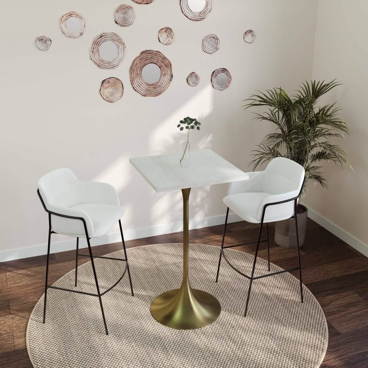 LeisureMod Verve 24" Square Top Bar Height Table, Brushed Gold/Black/White Stainless Steel Base with MDF Table Top