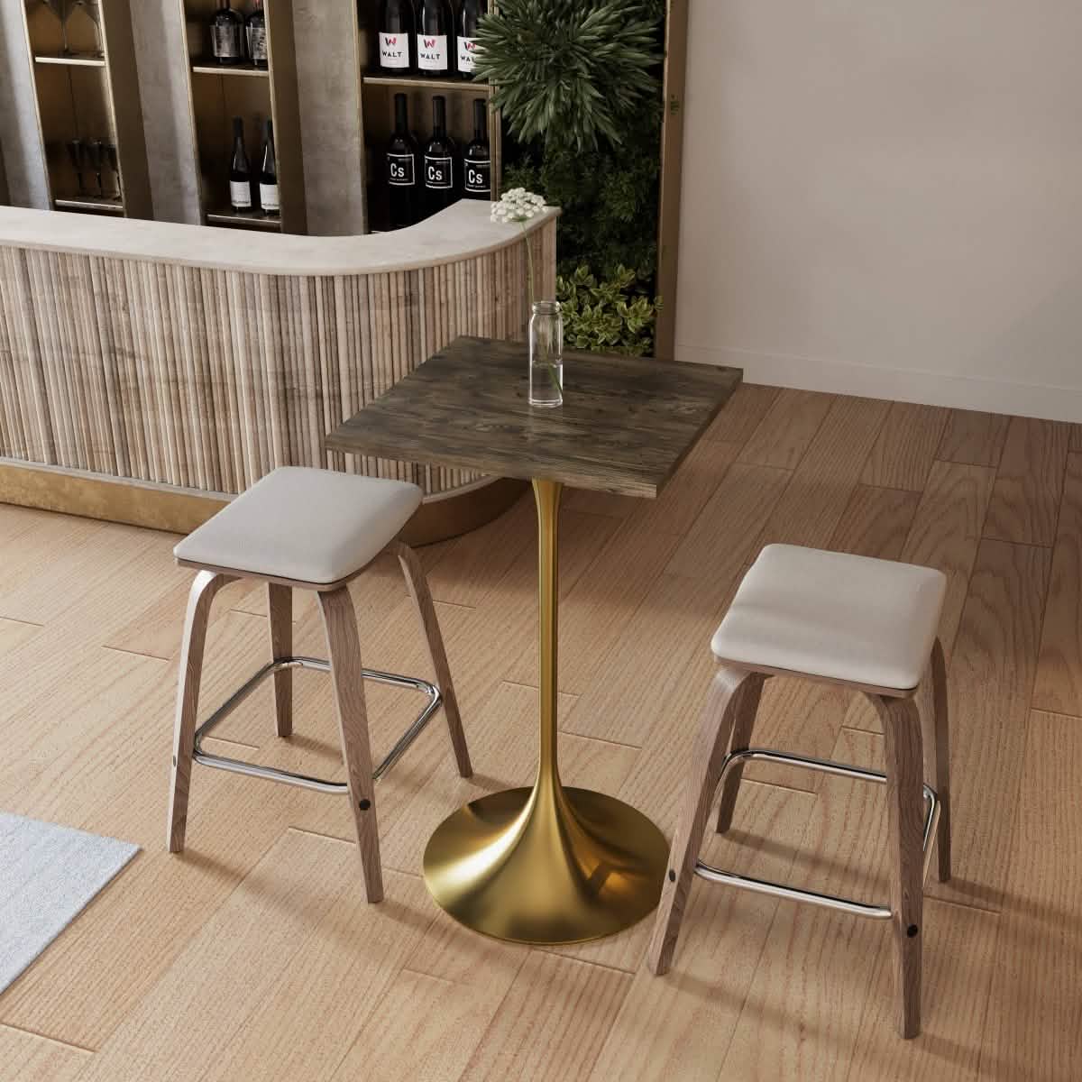 LeisureMod Verve 24" Square Top Bar Height Table, Brushed Gold/Black/White Stainless Steel Base with MDF Table Top