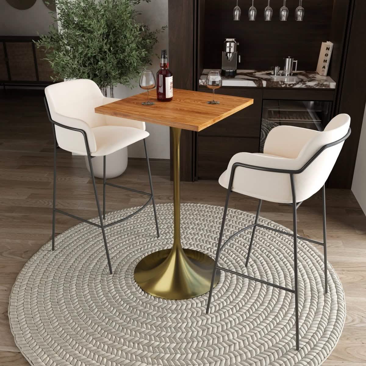 LeisureMod Verve 24" Square Top Bar Height Table, Brushed Gold/Black/White Stainless Steel Base with MDF Table Top