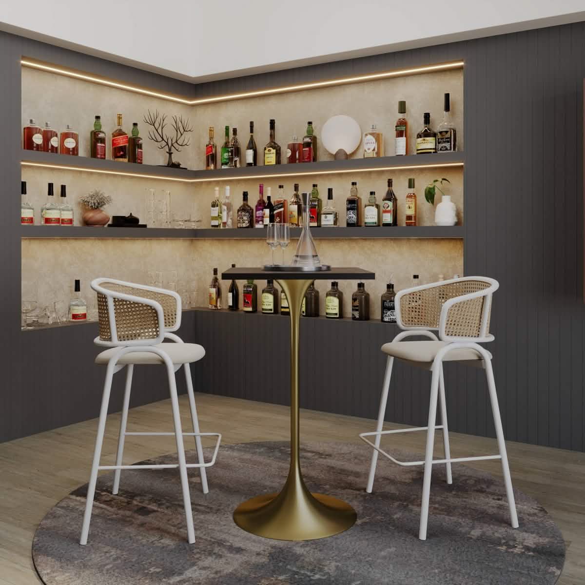 LeisureMod Verve 24" Square Top Bar Height Table, Brushed Gold/Black/White Stainless Steel Base with MDF Table Top