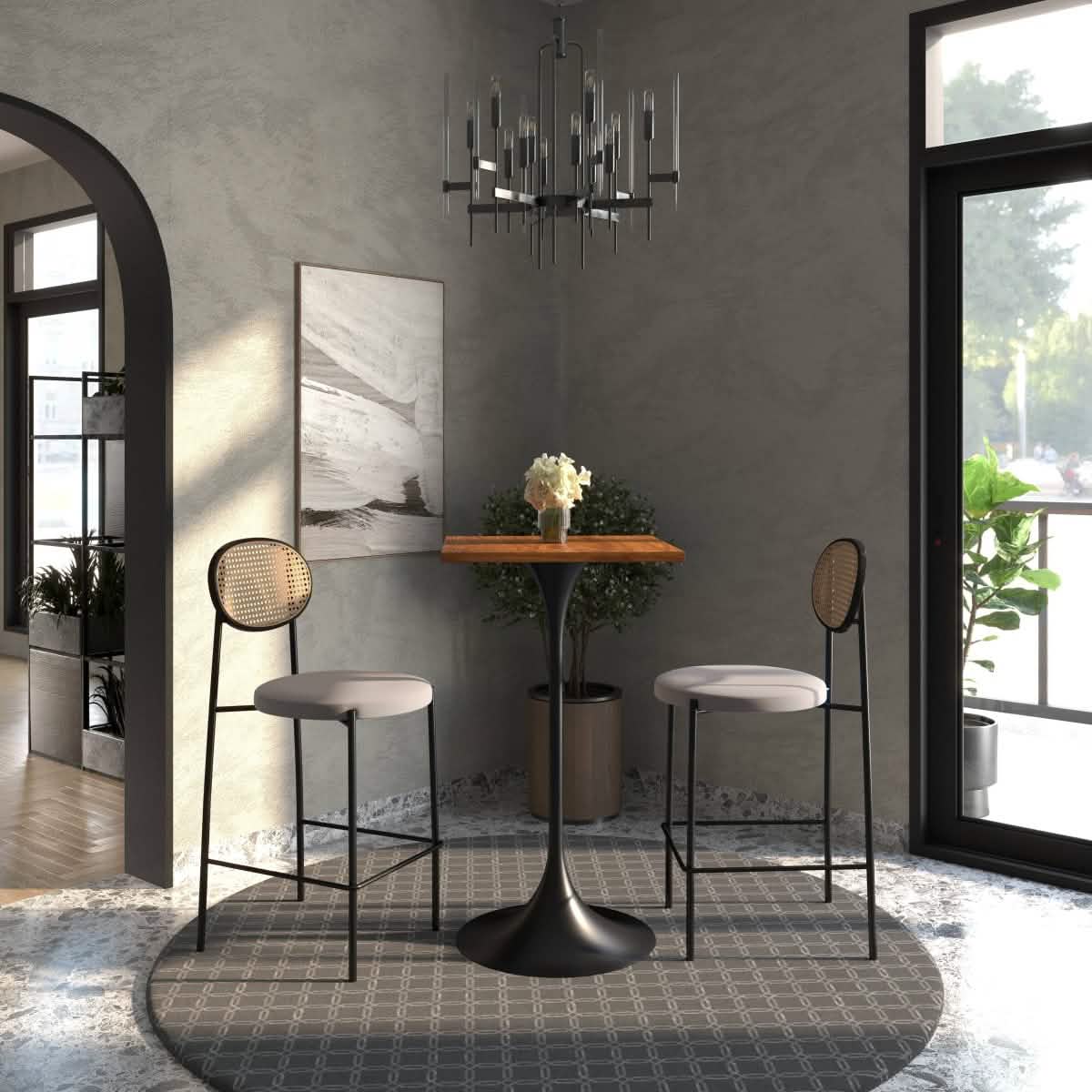 LeisureMod Verve 24" Square Top Bar Height Table, Brushed Gold/Black/White Stainless Steel Base with MDF Table Top