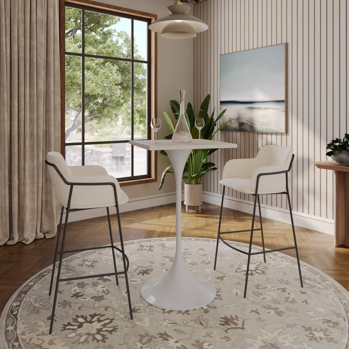 LeisureMod Verve 24" Square Top Bar Height Table, Brushed Gold/Black/White Stainless Steel Base with MDF Table Top
