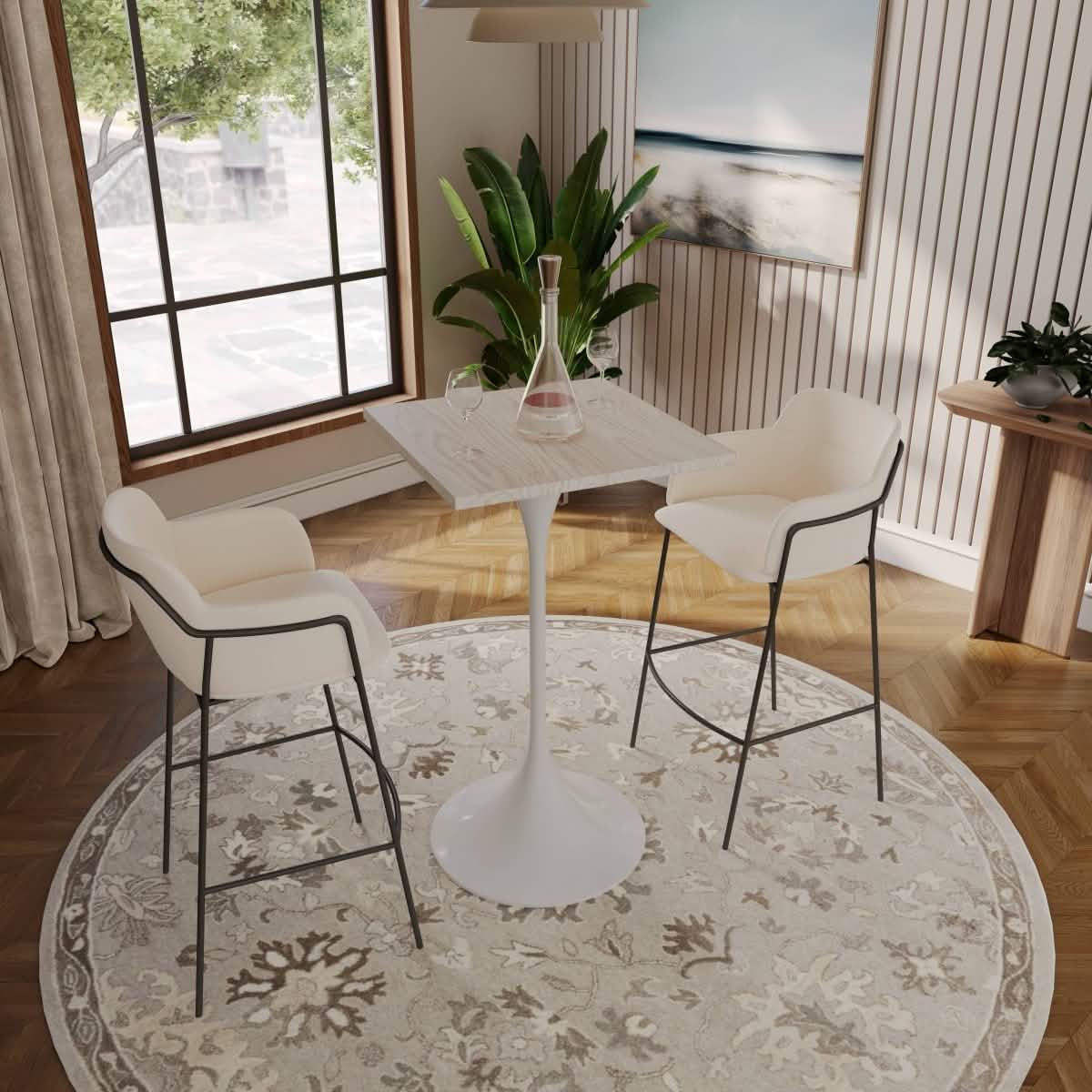 LeisureMod Verve 24" Square Top Bar Height Table, Brushed Gold/Black/White Stainless Steel Base with MDF Table Top