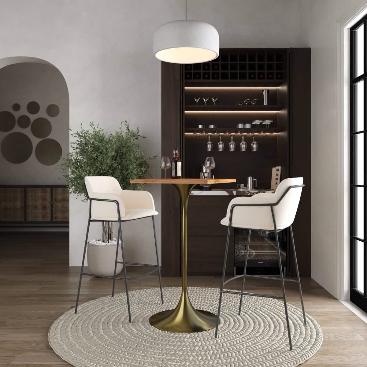 LeisureMod Verve 24" Square Top Bar Height Table, Brushed Gold/Black/White Stainless Steel Base with MDF Table Top