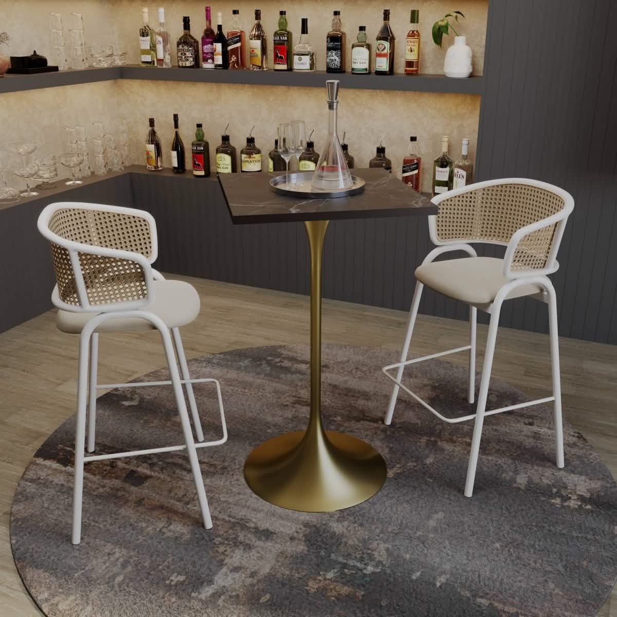 LeisureMod Verve 24" Square Top Bar Height Table, Brushed Gold/Black/White Stainless Steel Base with MDF Table Top