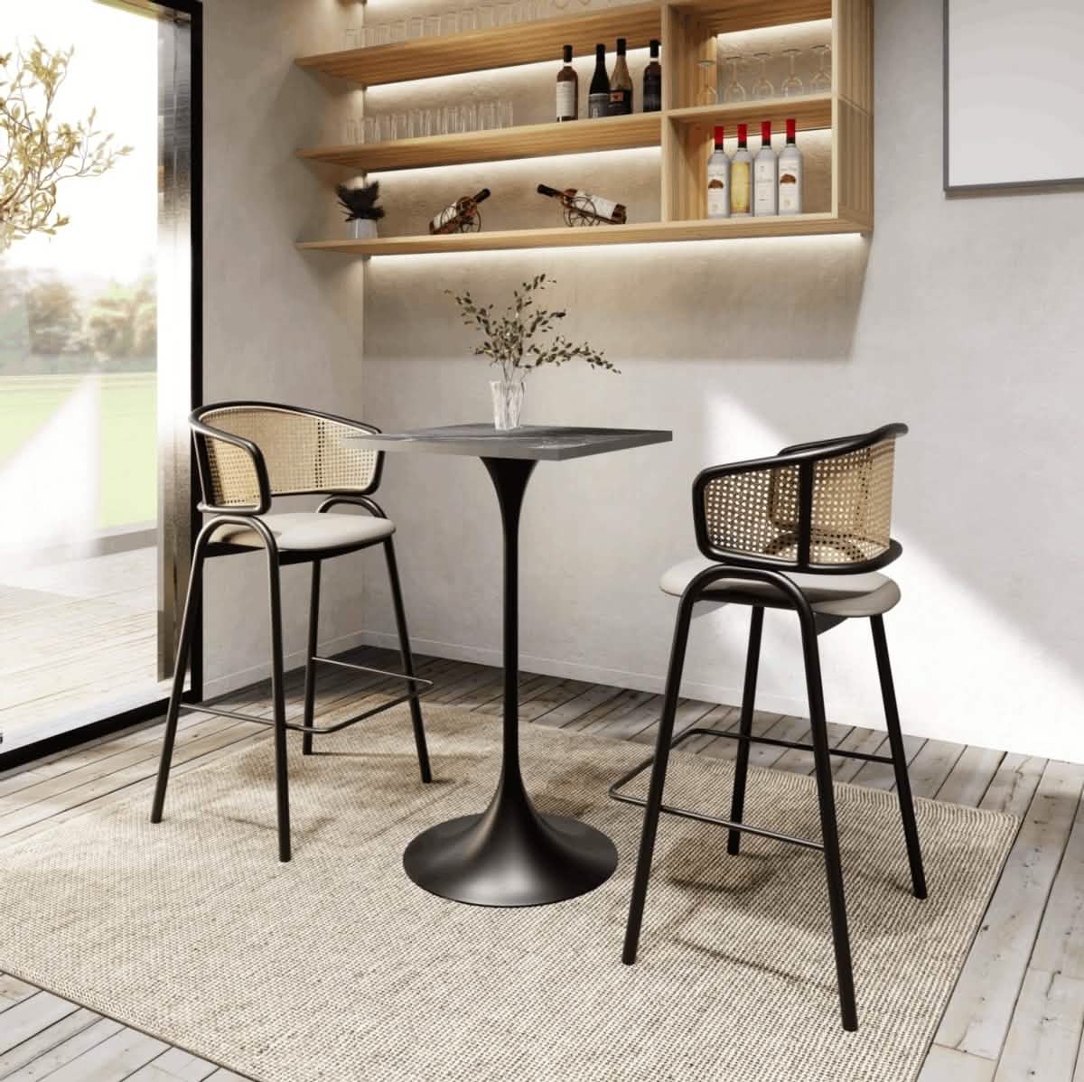 LeisureMod Verve 24" Square Top Bar Height Table, Brushed Gold/Black/White Stainless Steel Base with MDF Table Top