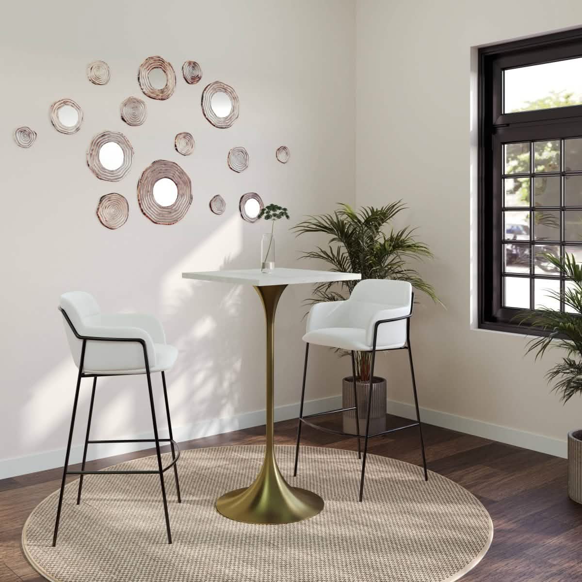 LeisureMod Verve 24" Square Top Bar Height Table, Brushed Gold/Black/White Stainless Steel Base with MDF Table Top