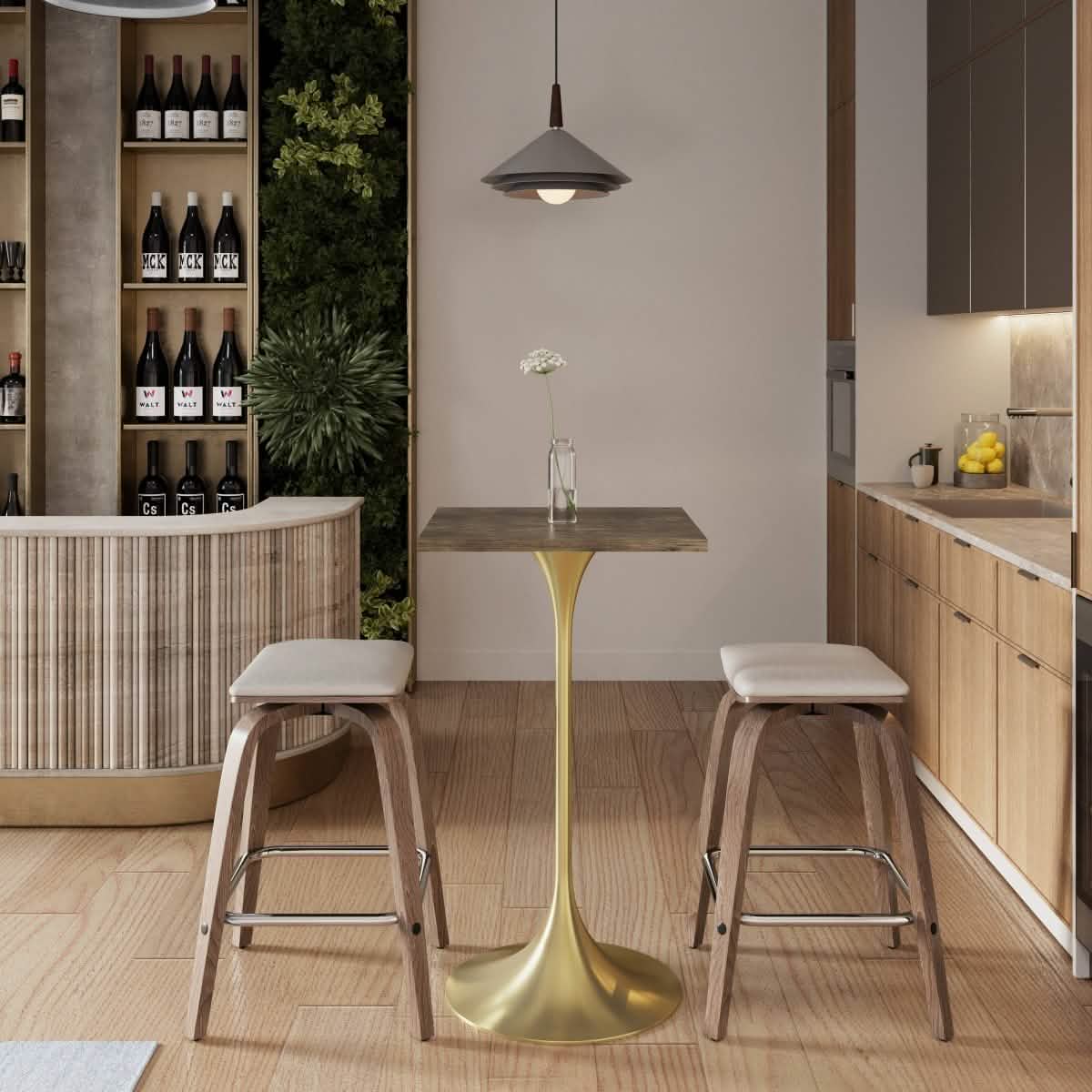 LeisureMod Verve 24" Square Top Bar Height Table, Brushed Gold/Black/White Stainless Steel Base with MDF Table Top