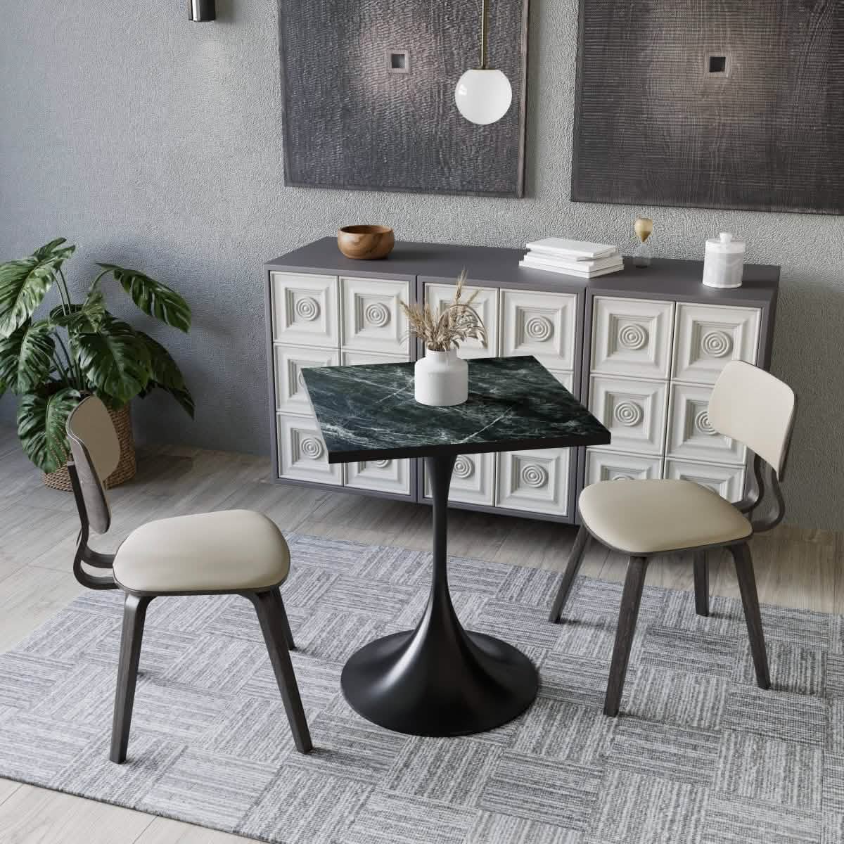 LeisureMod Verve Collection 24"Square Dining Table, Black/White/Brushed Gold Base with MDF Top