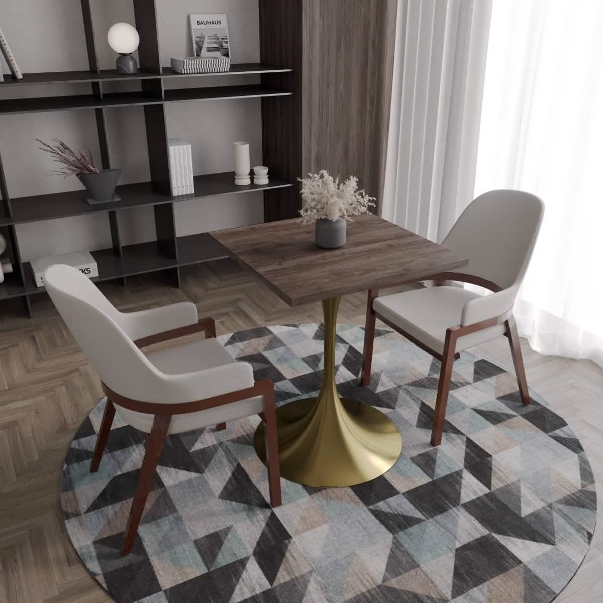 LeisureMod Verve Collection 24"Square Dining Table, Black/White/Brushed Gold Base with MDF Top