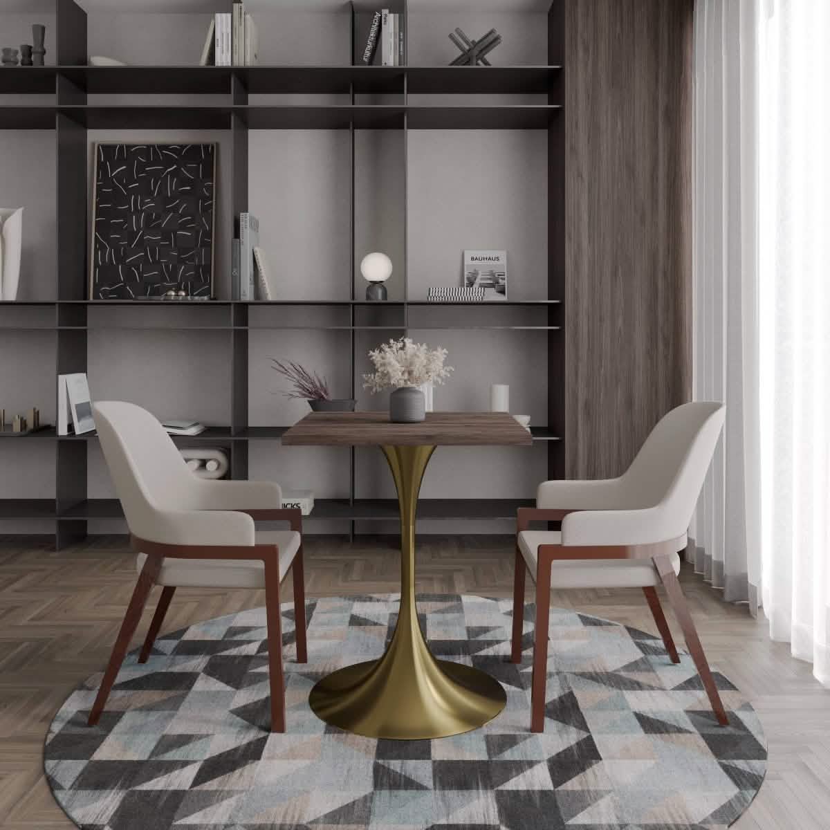 LeisureMod Verve Collection 24"Square Dining Table, Black/White/Brushed Gold Base with MDF Top