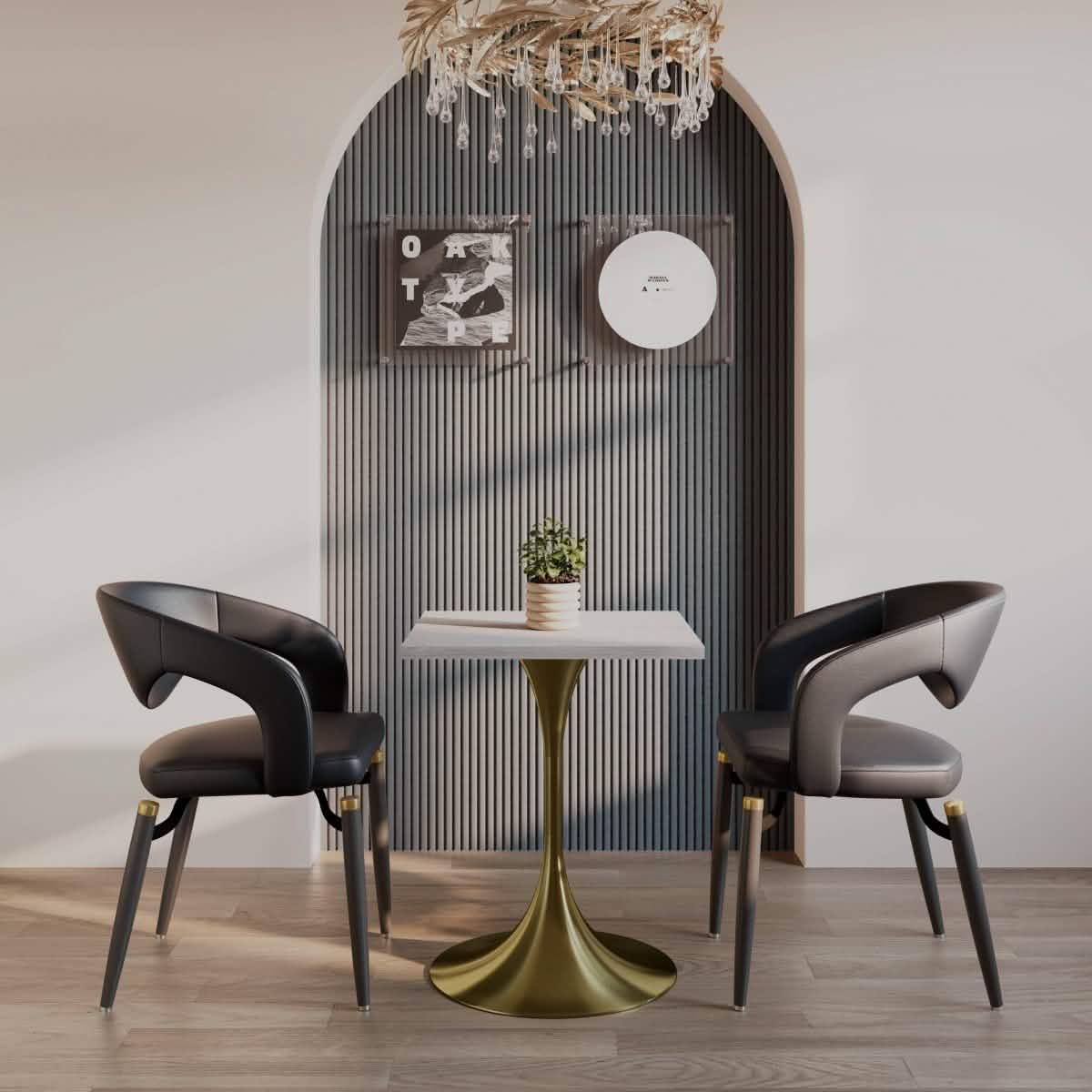 LeisureMod Verve Collection 24"Square Dining Table, Black/White/Brushed Gold Base with MDF Top
