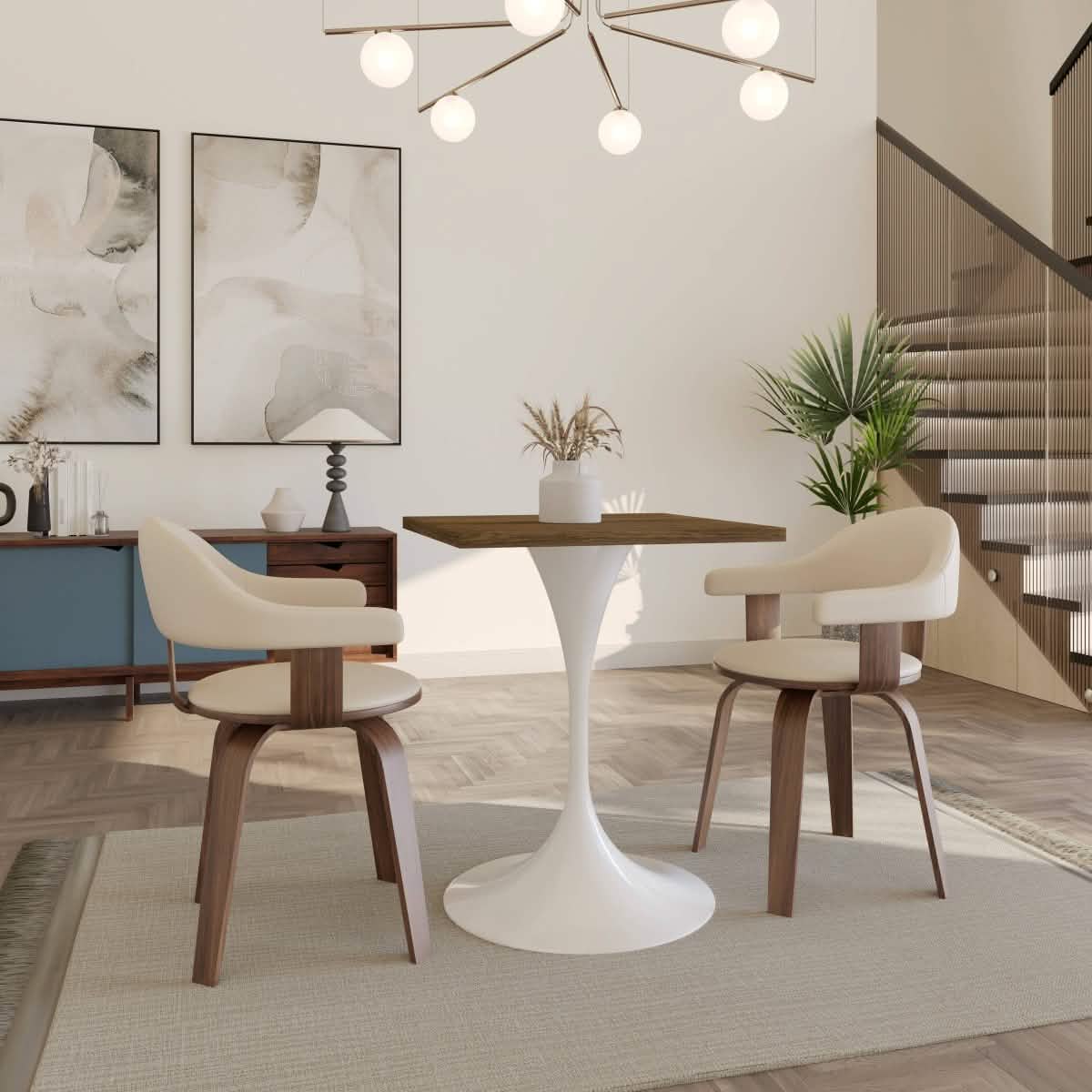 LeisureMod Verve Collection 24"Square Dining Table, Black/White/Brushed Gold Base with MDF Top