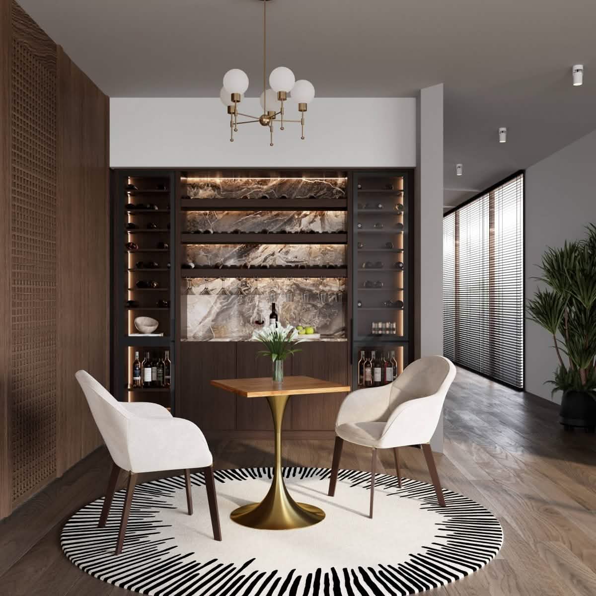 LeisureMod Verve Collection 24"Square Dining Table, Black/White/Brushed Gold Base with MDF Top