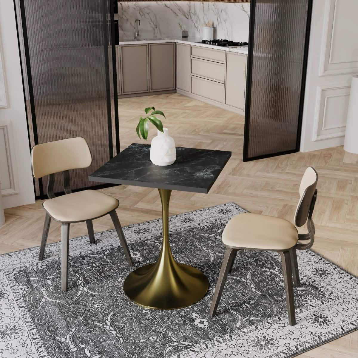 LeisureMod Verve Collection 24"Square Dining Table, Black/White/Brushed Gold Base with MDF Top