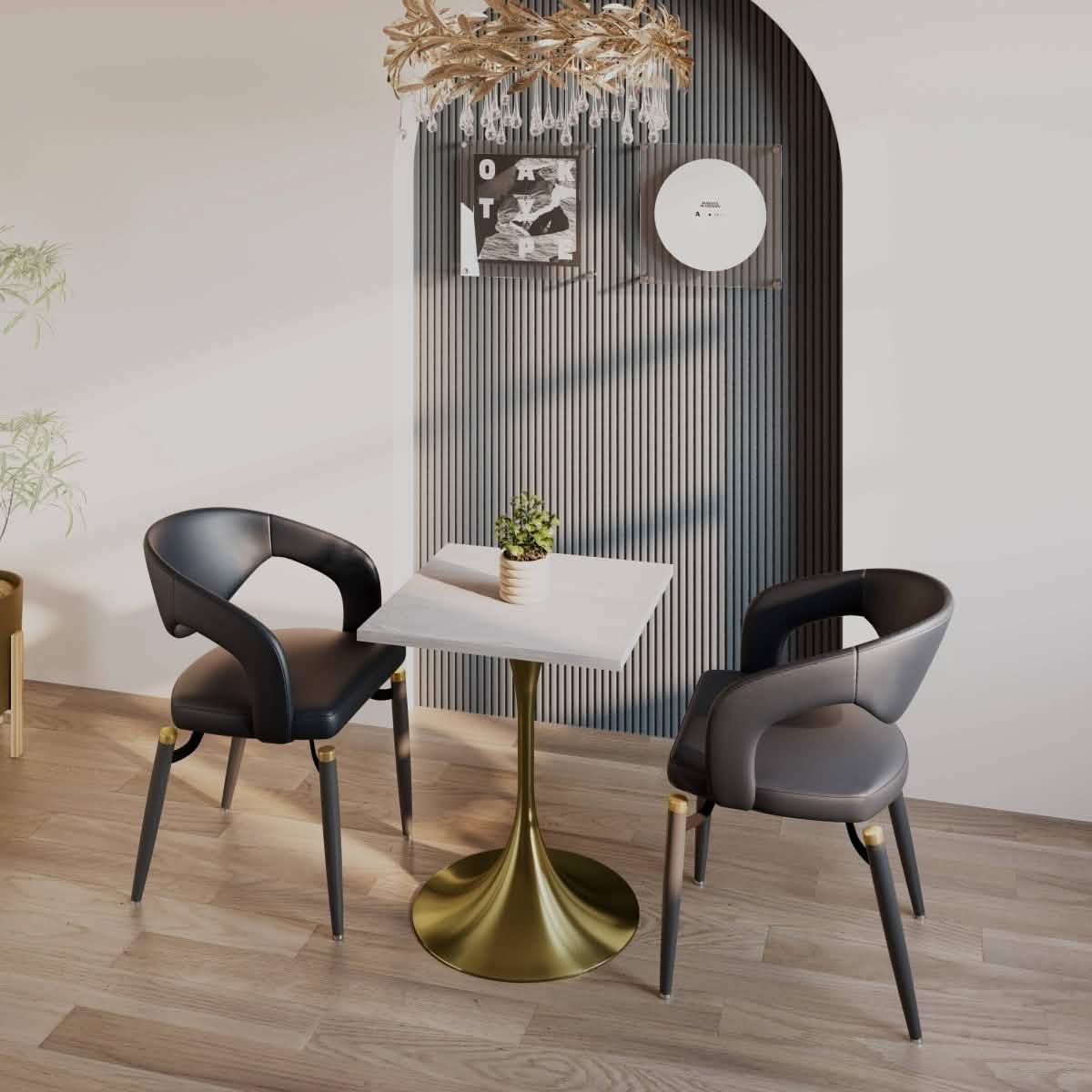 LeisureMod Verve Collection 24"Square Dining Table, Black/White/Brushed Gold Base with MDF Top