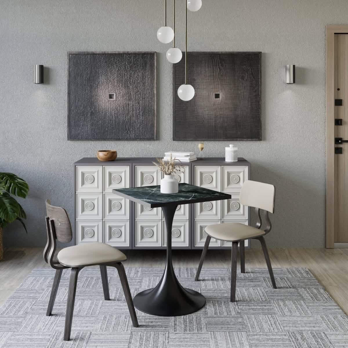 LeisureMod Verve Collection 24"Square Dining Table, Black/White/Brushed Gold Base with MDF Top