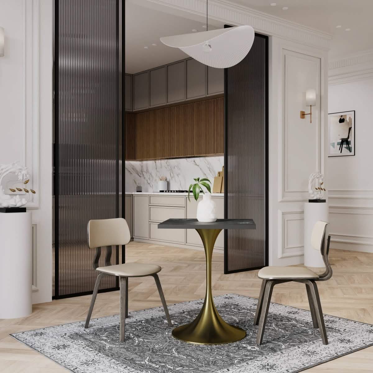 LeisureMod Verve Collection 24"Square Dining Table, Black/White/Brushed Gold Base with MDF Top
