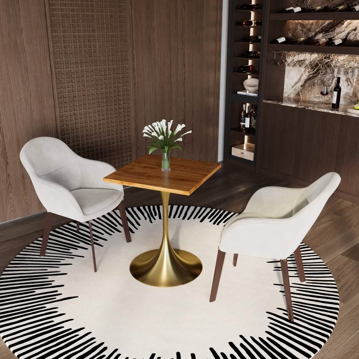 LeisureMod Verve Collection 24"Square Dining Table, Black/White/Brushed Gold Base with MDF Top