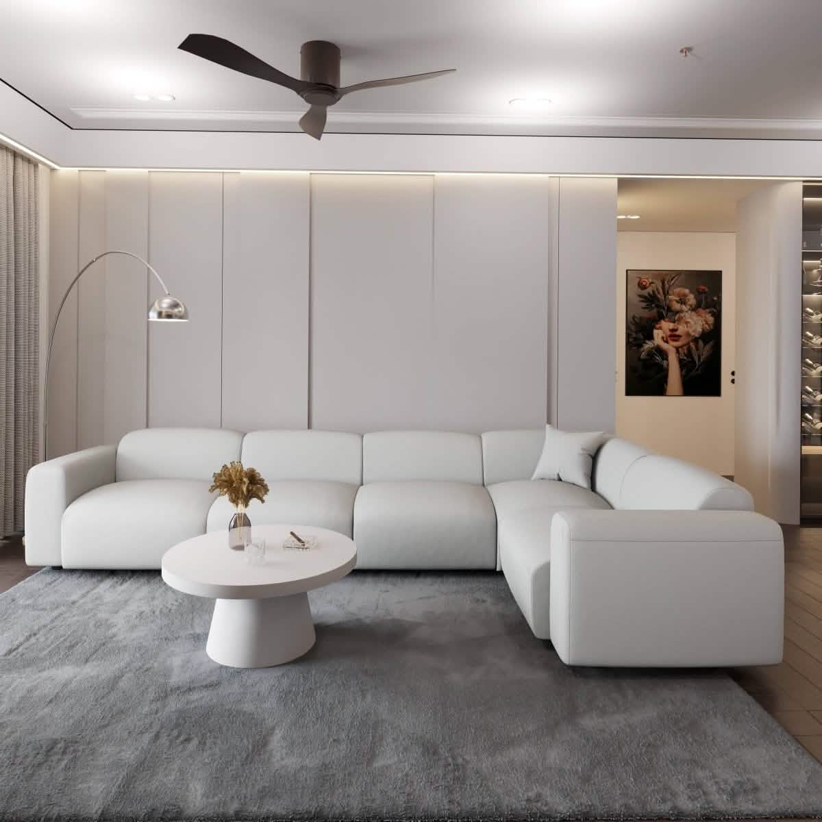 LeisureMod Whisper 4 - 6 Seater Conversation Set With a Chaise and Ottoman Upholstered in Linen/Leather/Polyester