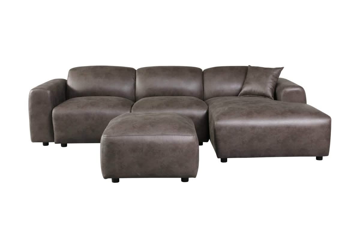 LeisureMod Whisper 4 - 6 Seater Conversation Set With a Chaise and Ottoman Upholstered in Linen/Leather/Polyester