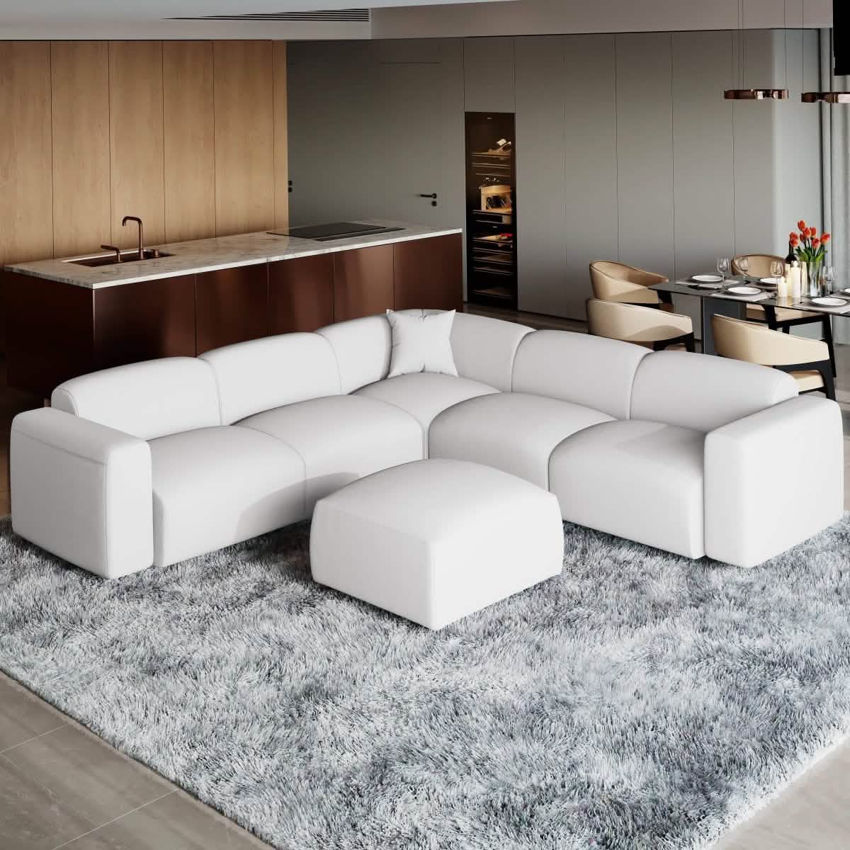 LeisureMod Whisper 4 - 6 Seater Conversation Set With a Chaise and Ottoman Upholstered in Linen/Leather/Polyester