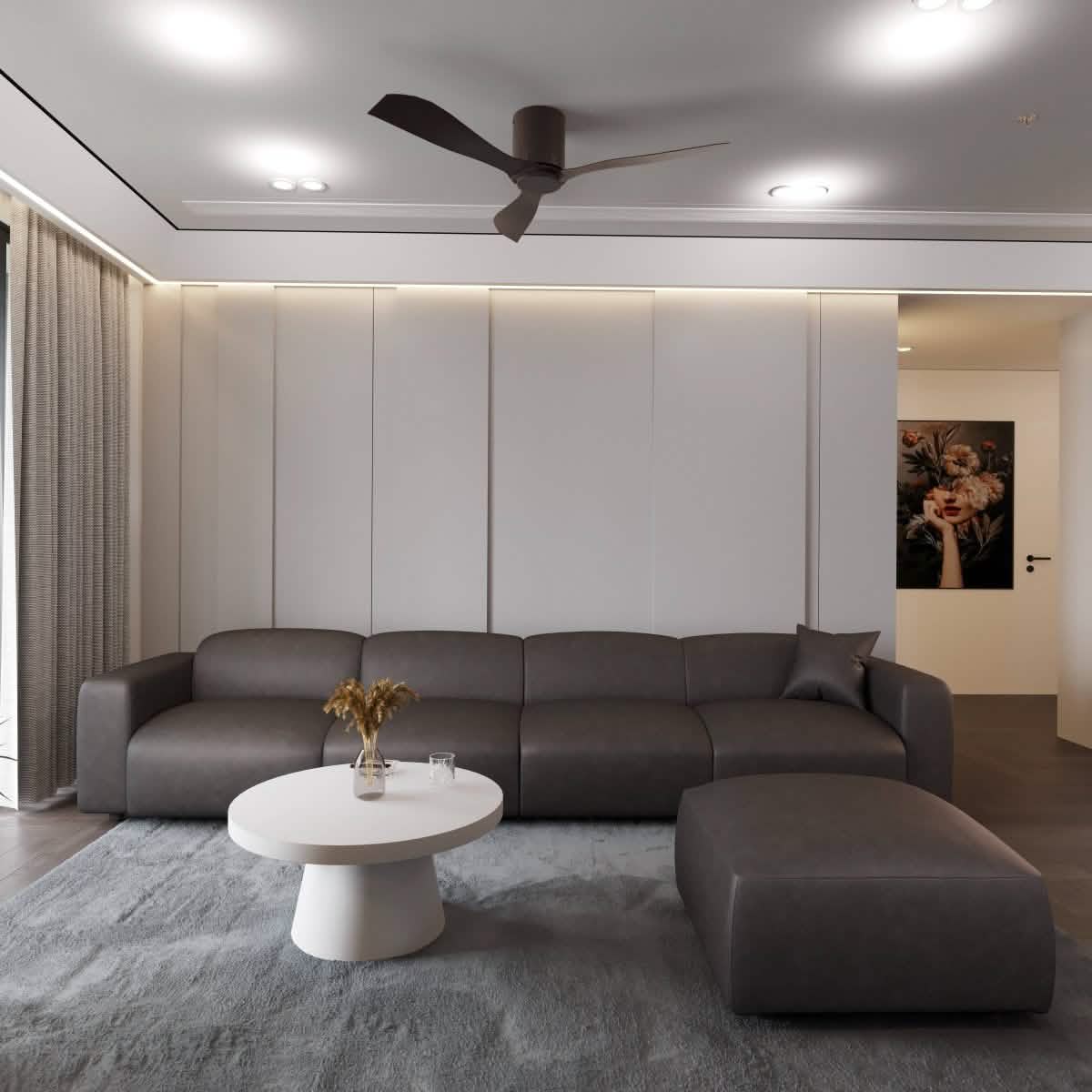 LeisureMod Whisper 4 - 6 Seater Conversation Set With a Chaise and Ottoman Upholstered in Linen/Leather/Polyester
