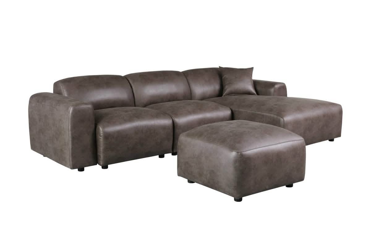 LeisureMod Whisper 4 - 6 Seater Conversation Set With a Chaise and Ottoman Upholstered in Linen/Leather/Polyester