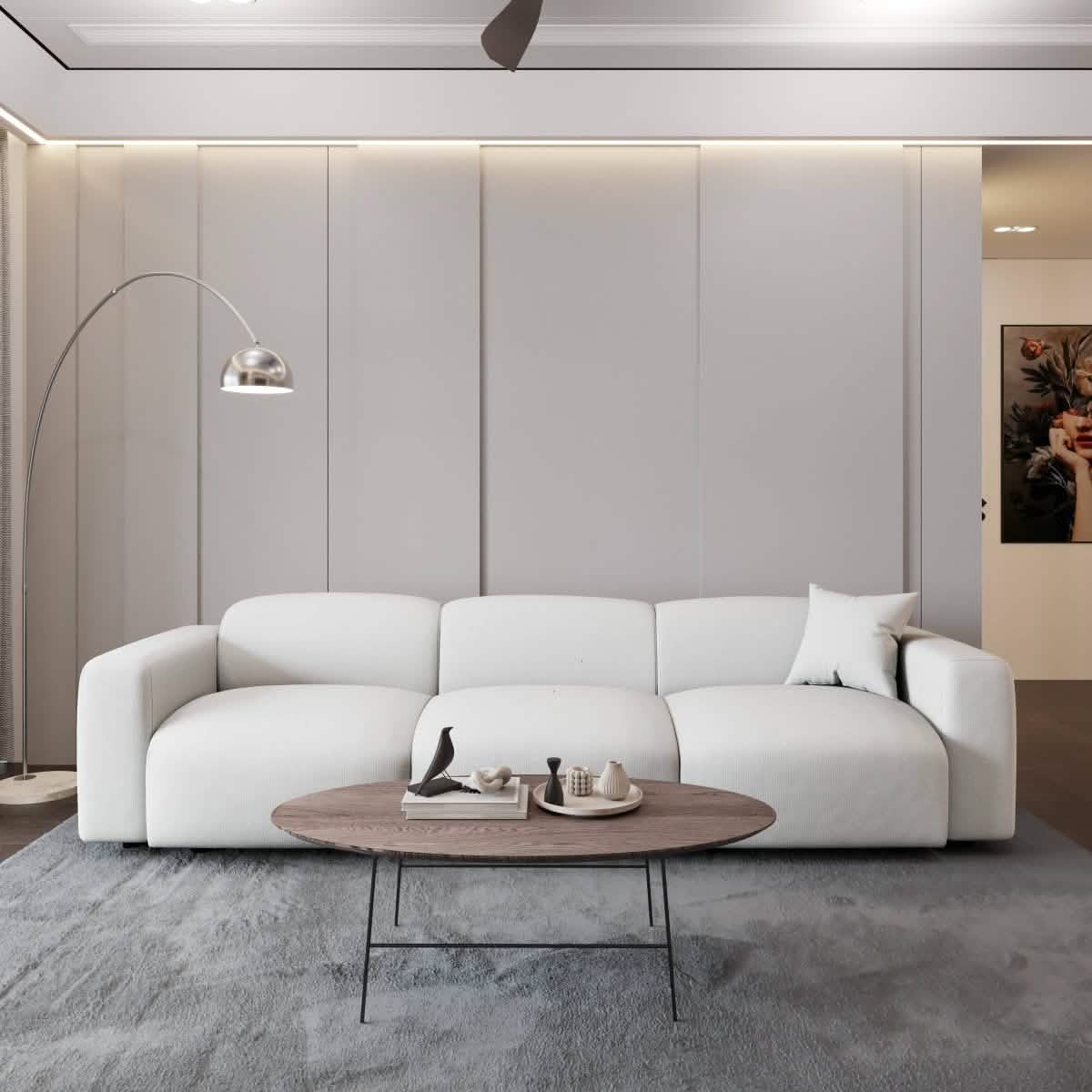 LeisureMod Whisper 4 - 6 Seater Conversation Set With a Chaise and Ottoman Upholstered in Linen/Leather/Polyester
