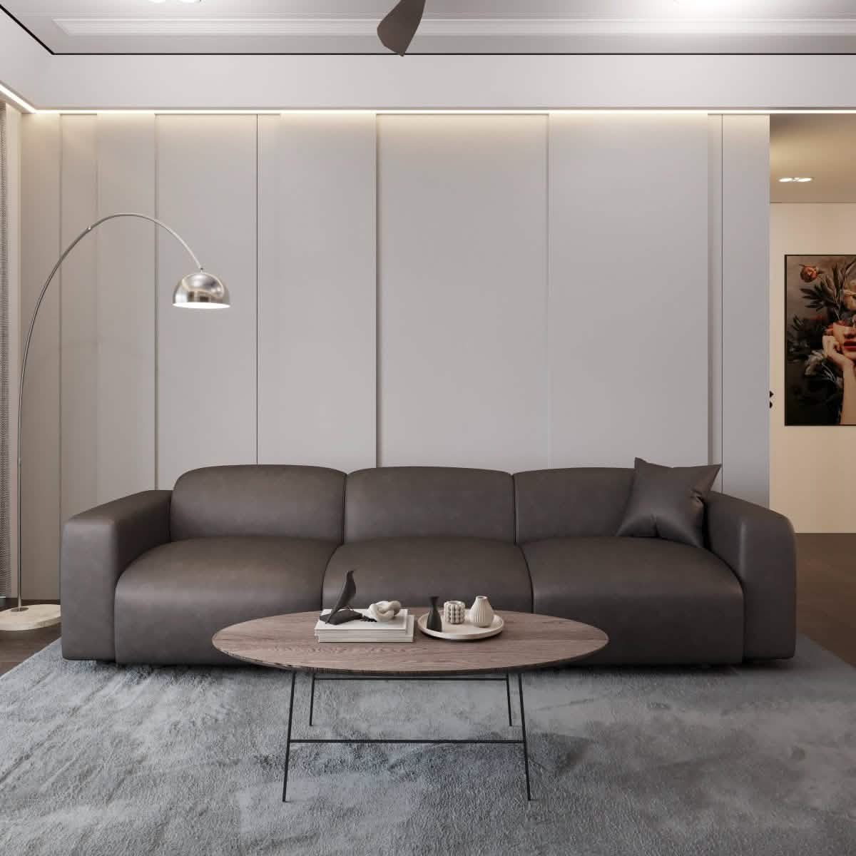 LeisureMod Whisper 4 - 6 Seater Conversation Set With a Chaise and Ottoman Upholstered in Linen/Leather/Polyester