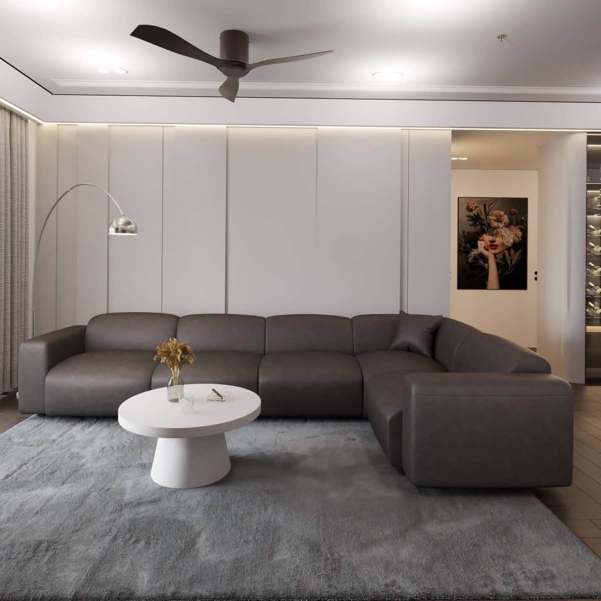 LeisureMod Whisper 4 - 6 Seater Conversation Set With a Chaise and Ottoman Upholstered in Linen/Leather/Polyester