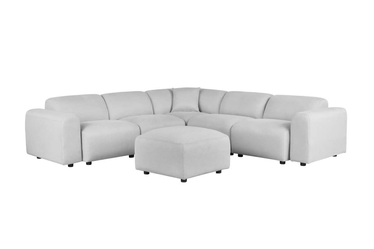 LeisureMod Whisper 4 - 6 Seater Conversation Set With a Chaise and Ottoman Upholstered in Linen/Leather/Polyester