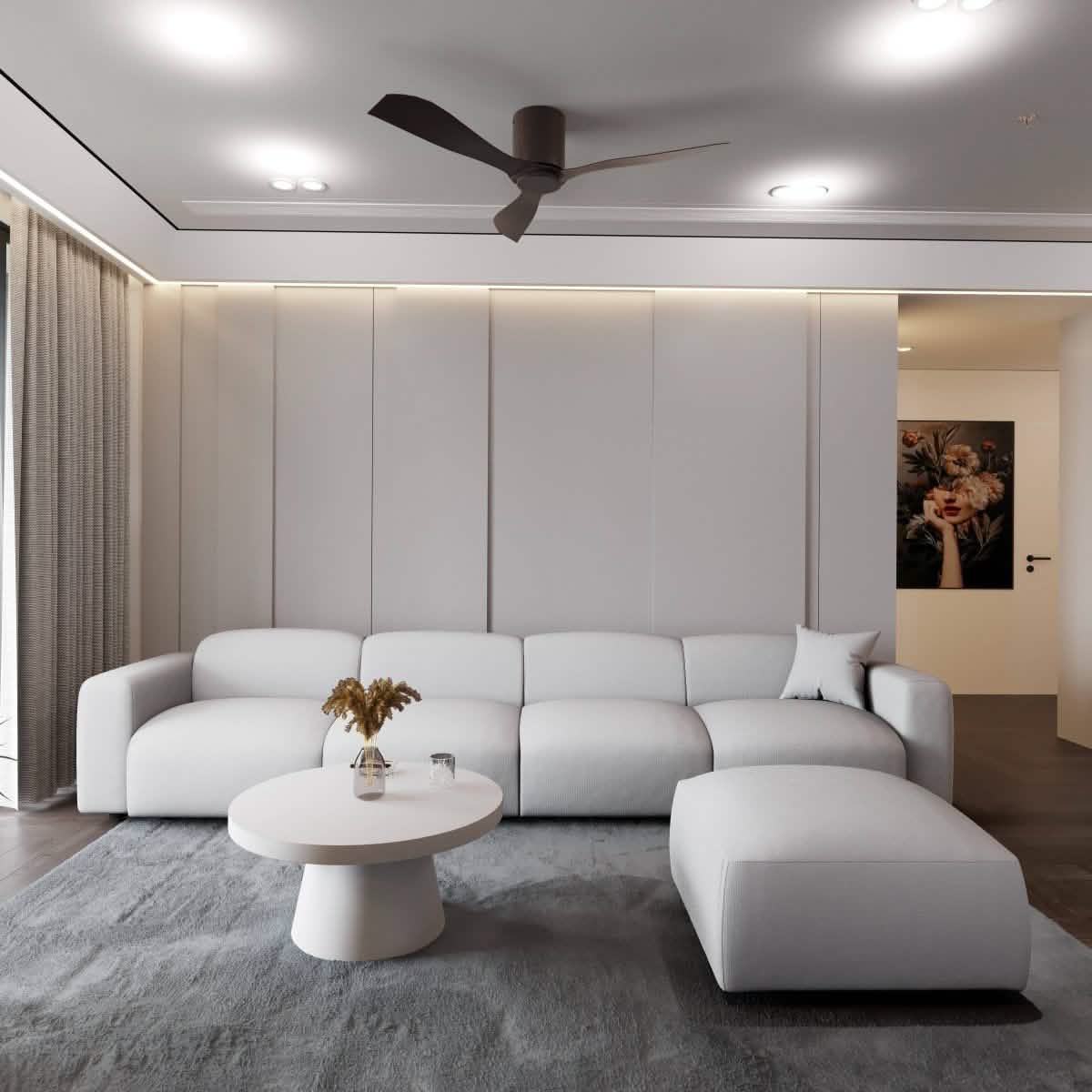 LeisureMod Whisper 4 - 6 Seater Conversation Set With a Chaise and Ottoman Upholstered in Linen/Leather/Polyester