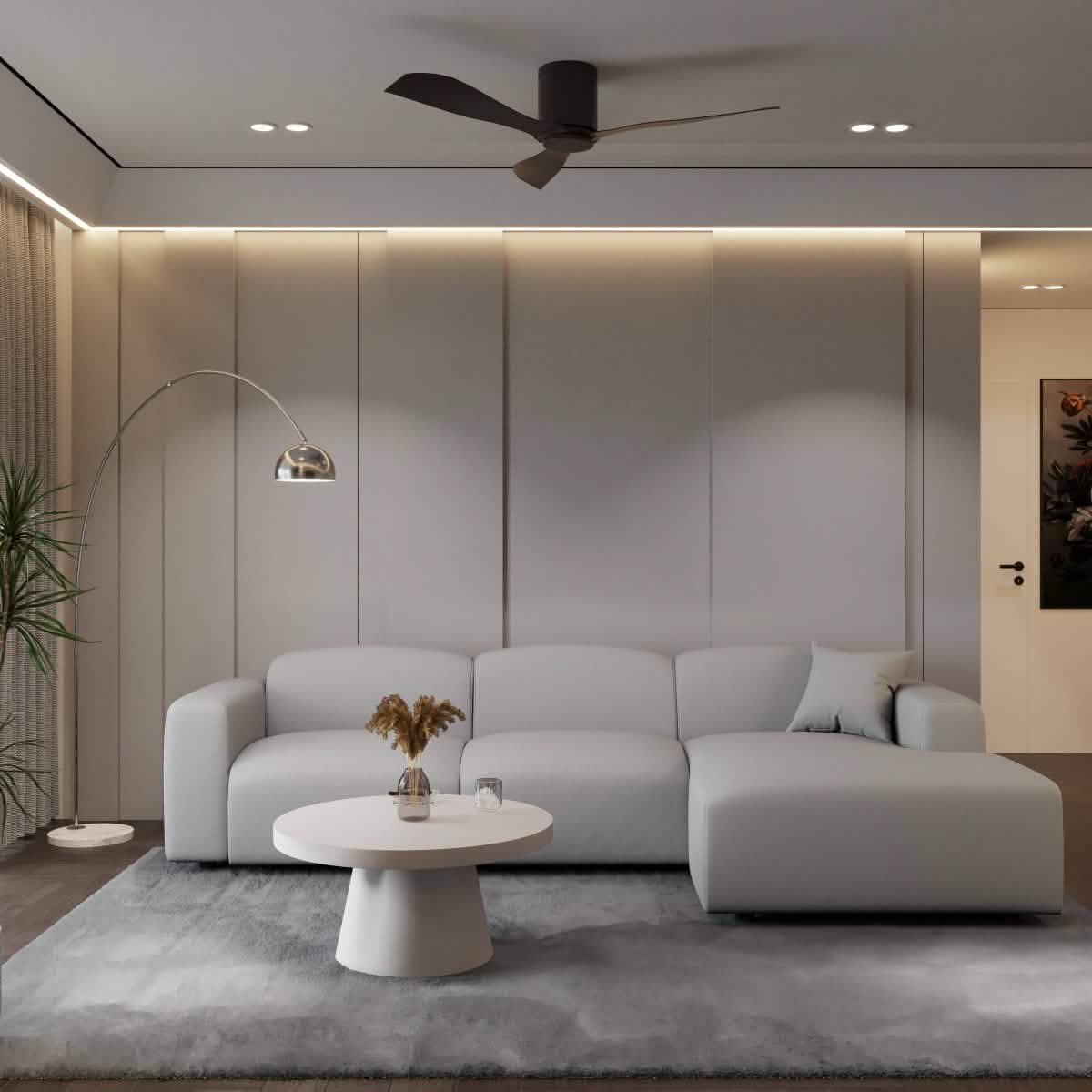 LeisureMod Whisper 4 - 6 Seater Conversation Set With a Chaise and Ottoman Upholstered in Linen/Leather/Polyester