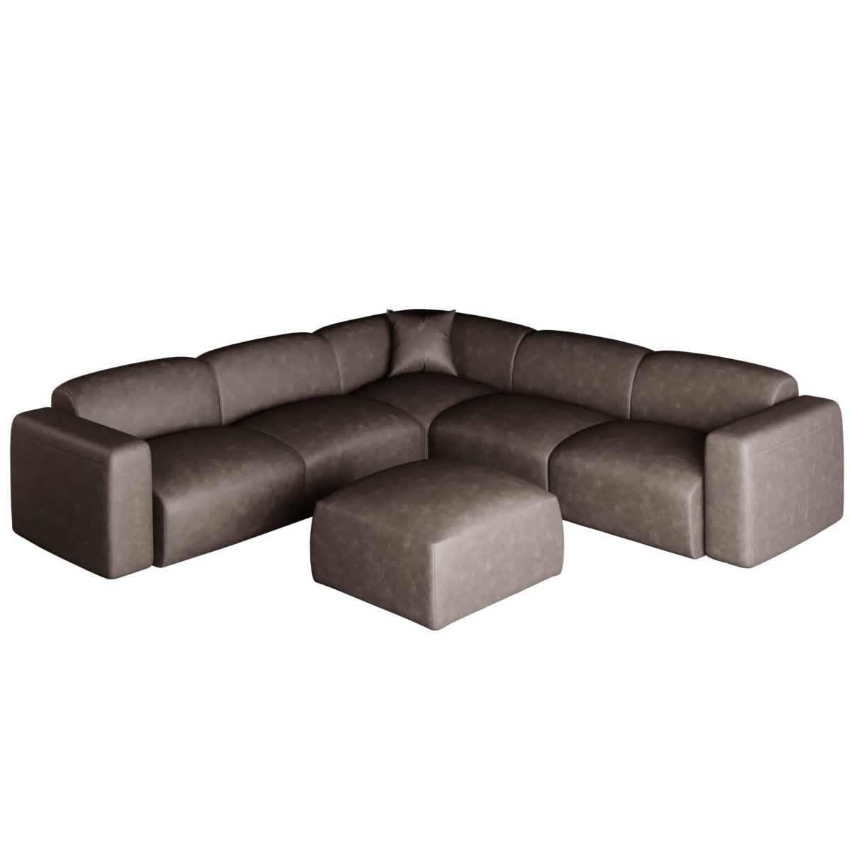 LeisureMod Whisper 4 - 6 Seater Conversation Set With a Chaise and Ottoman Upholstered in Linen/Leather/Polyester